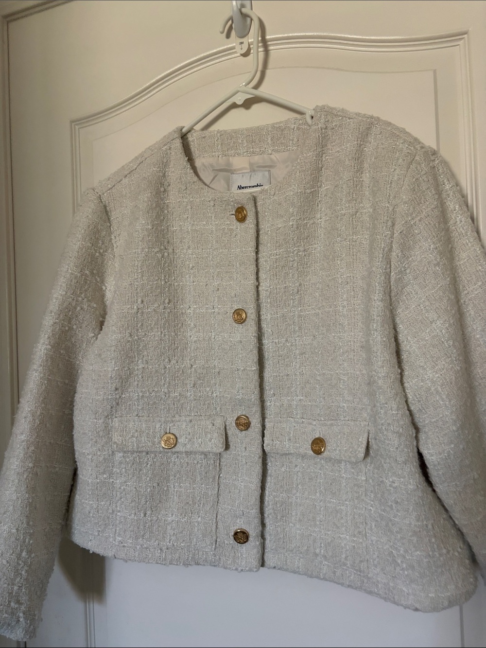 Abercrombie & Fitch Cream Tweed Cropped Blazer with Gold Buttons